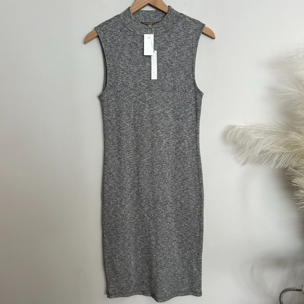 Lilla P Mock Neck Ribbed Grey Sweater Dress